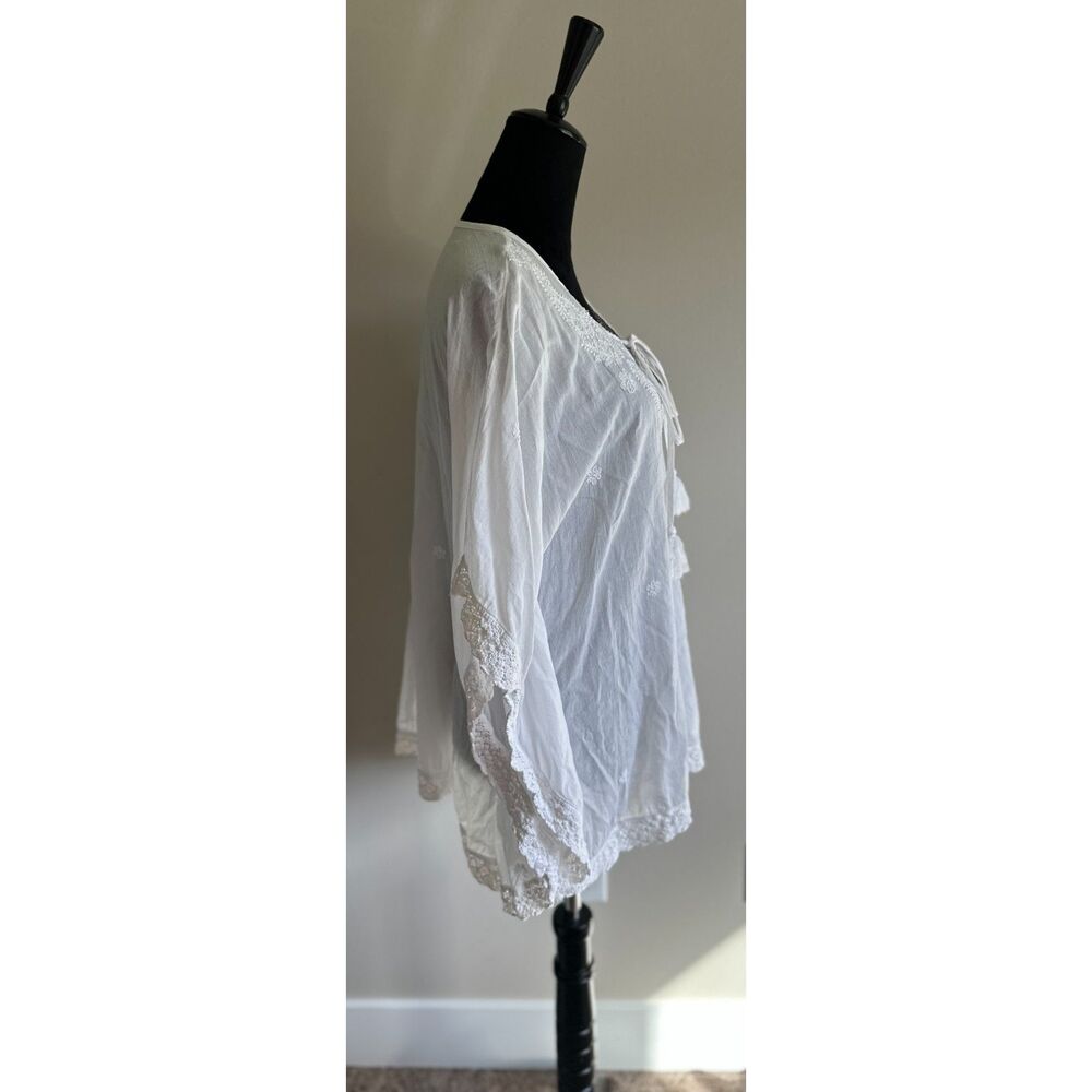 HOLI White Cotton Embroidered Tie Neck Tasseled Oversized Tunic Top Size L - Picture 4 of 7